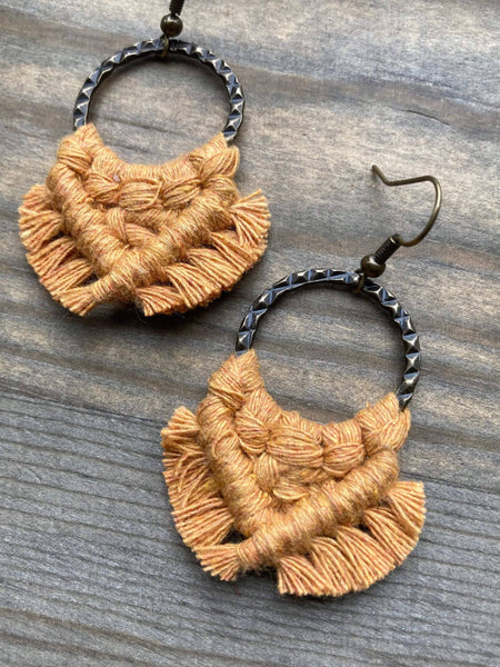 HK Macrame Jewelry - Small Square Fringe Earrings - Marigold & Bronze