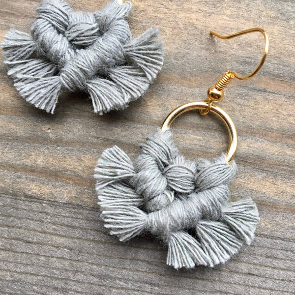 HK Macrame Jewelry - Micro Fringe Round Earrings - Sage & Gold