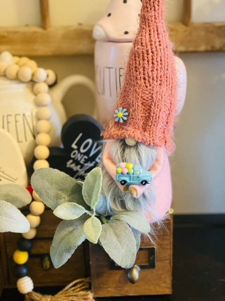 A Gnome on the Roam - Pastel Spring Easter gnome with blue truck, tier tray decor