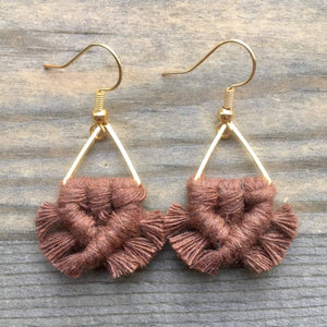 HK Macrame Jewelry - Micro Fringe Triangle Earrings - Brown & Gold