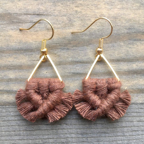 HK Macrame Jewelry - Micro Fringe Triangle Earrings - Brown & Gold