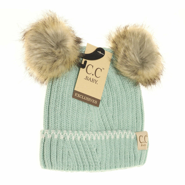 C.C Beanie - Baby Solid Knit Double Fur Pom Beanie - Newborn