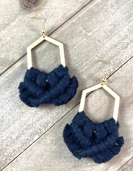 HK Macrame Jewelry - Geometric Fringe Earrings - Black