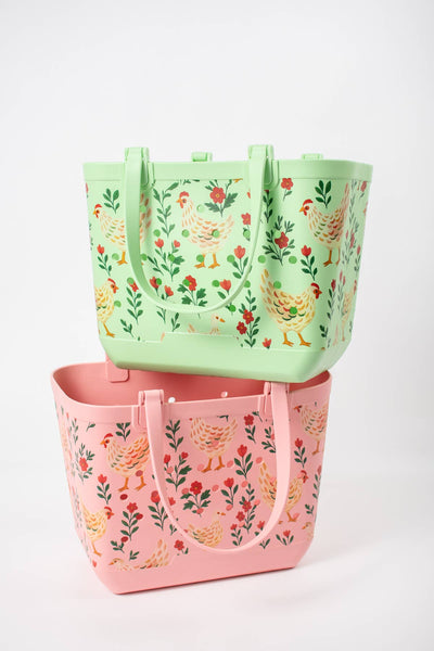 American Farm Company - Pink Chickens & Blooms Rubber Beach Tote Bag -  Large