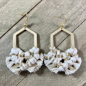 HK Macrame Jewelry - Geometric Fringe Earrings - Natural & Gold