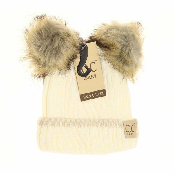 C.C Beanie - Baby Solid Knit Double Fur Pom Beanie - Newborn