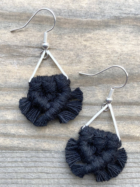 HK Macrame Jewelry - Micro Triangle Fringe Earrings - Black & Silver