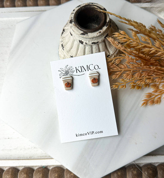 KIMCo. - Polymer Clay Stud Earrings - Pumpkin - Latte Cup OR Mug