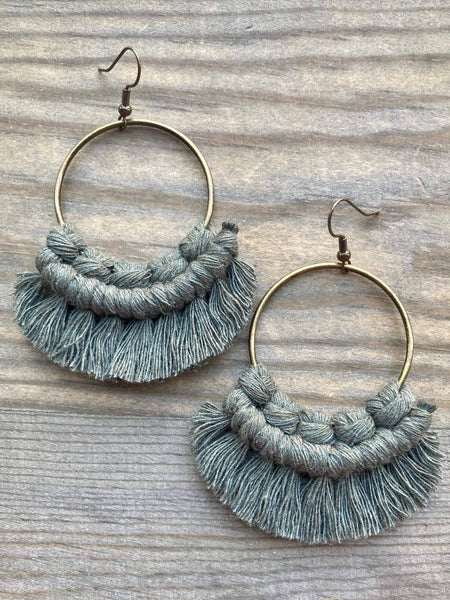 HK Macrame Jewelry - Large Statement Fringe Earrings - Army Green & Bronze