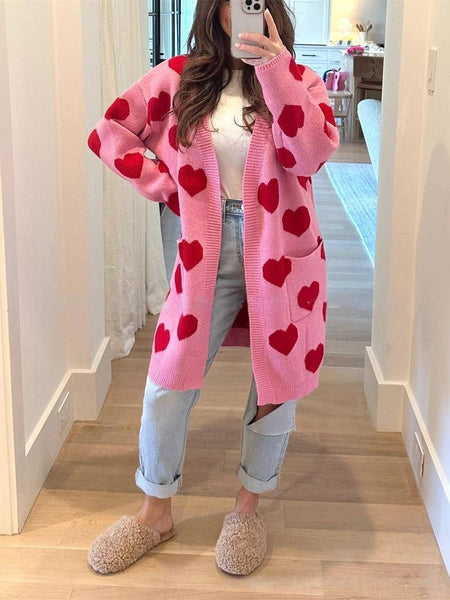 Rosa Clothing - Valentine's Day red heart pattern long cardigan in pink