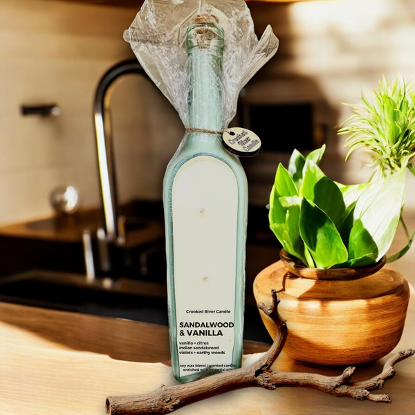 Crooked River Candle - Sandalwood & Vanilla | Wine Bottle Candle | 3 Cotton Wicks