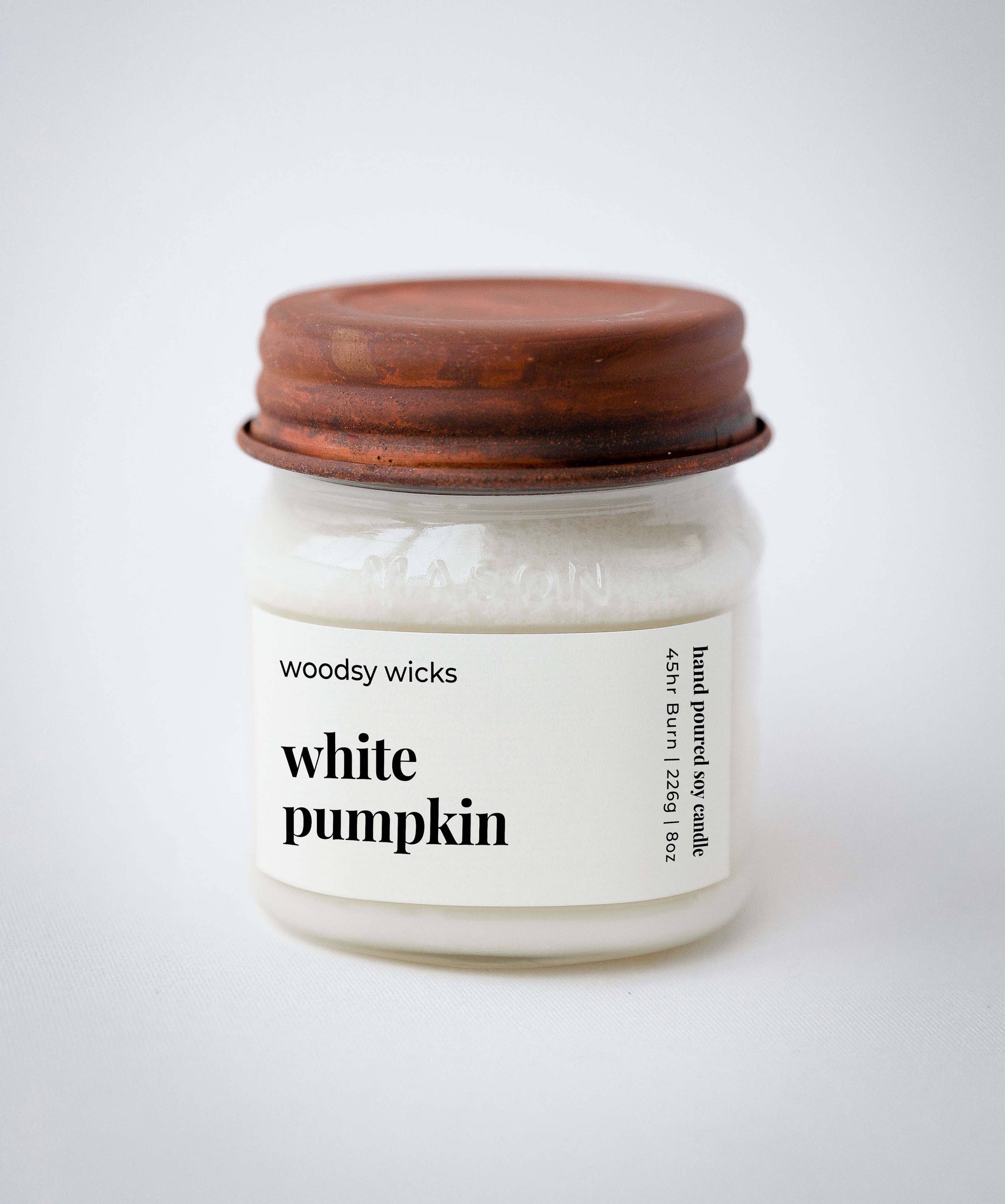 Woodsy Wicks - White Pumpkin Candle - Rust Lid 100% Soy Wax Candle: 8oz / Crackling wood wick
