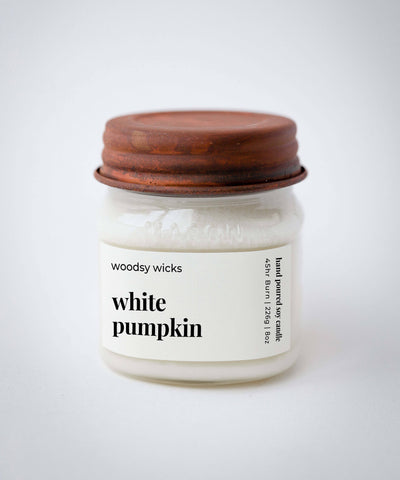 Woodsy Wicks - White Pumpkin Candle - Rust Lid 100% Soy Wax Candle: 8oz / Crackling wood wick