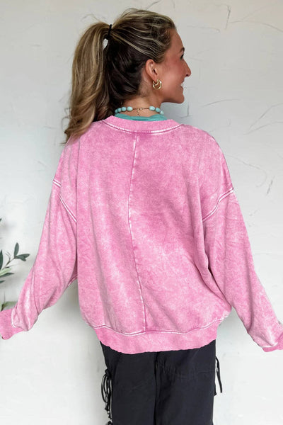 Lovesoft - Bright Pink Mineral Wash Crossed Crew Neck Drop Shoulder Loose Sweatshirt