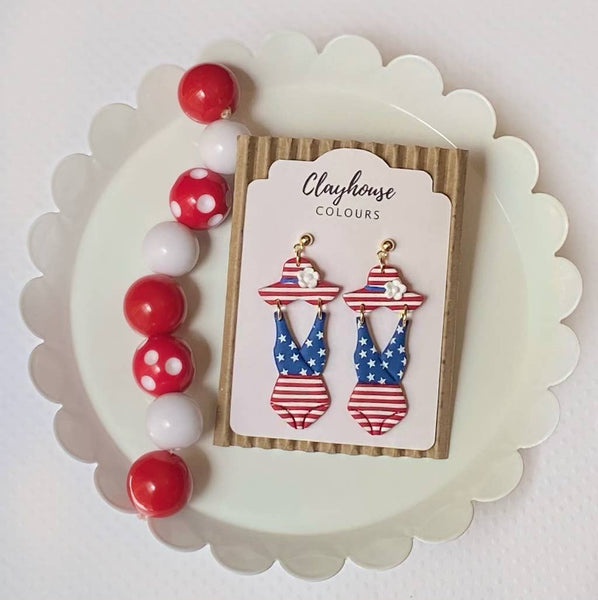 Clayhouse Colours - Red, White & Blue Clay Earrings | July 4th: Hearts