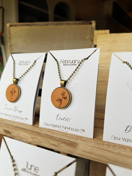New Market Farmhouse - Birth Month Flower Necklaces - Leather Pendant Necklace Set