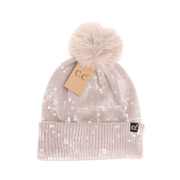 C.C Beanie - Allover Clear Sequin Faux Fur Pom C.C Beanie HTC0044