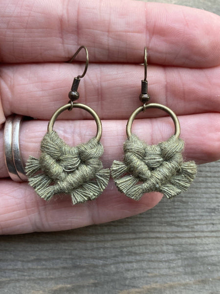 HK Macrame Jewelry - Micro Fringe Round Earrings - Avocado Green & Bronze