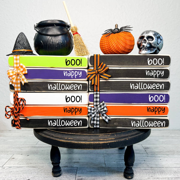 Ruaille Buaille Co - October home decor | Mini book stacks for Halloween - Boo
