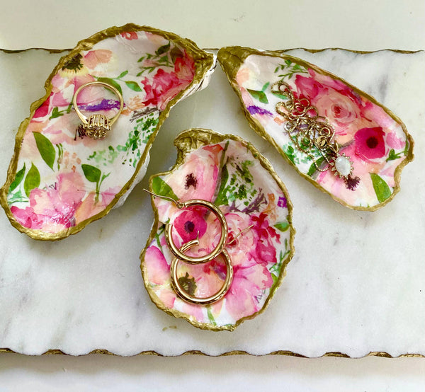Del Mar Designs DC - Pink Floral Oyster Shell Jewelry Dish