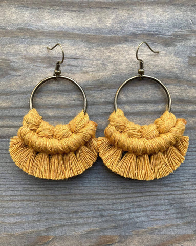 HK Macrame Jewelry - Small Round Fringe Earrings - Mustard & Bronze