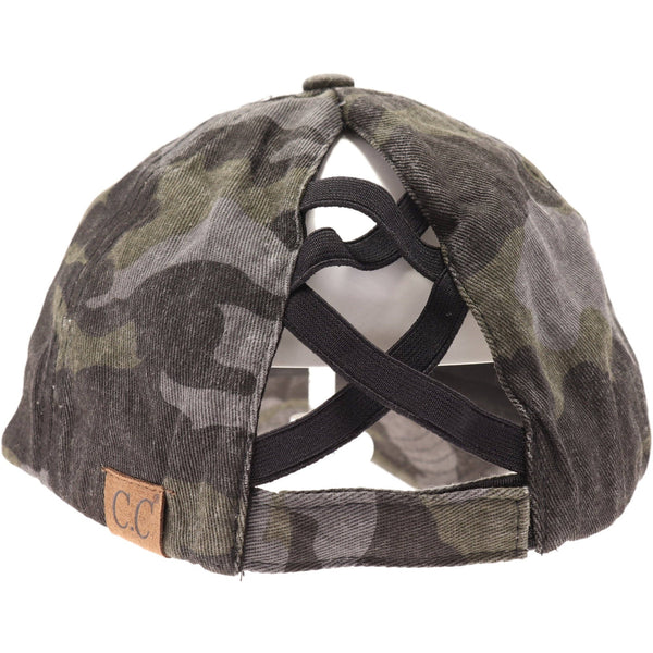 C.C Beanie - Washed Denim Criss-Cross High Ponytail CC Ball Cap BT799C