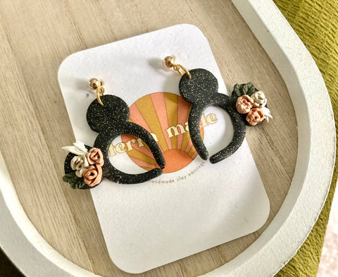 Terra Made - Glittery black floral Mickey ears dangle earrings