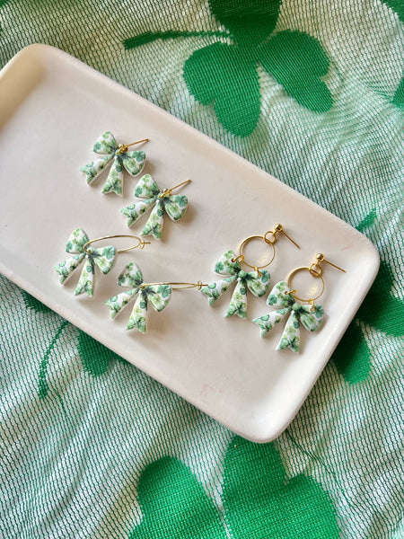 SeizeTheClayJewelry - Clover Bow Earrings, Shamrock Bow Earrings, Lucky Bow