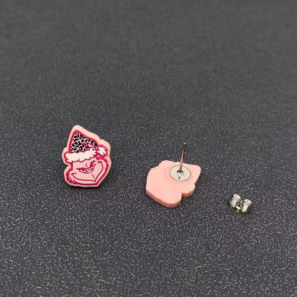 Mio Queena - Christmas Jewelry Acrylic Pink Grinch Ear Studs