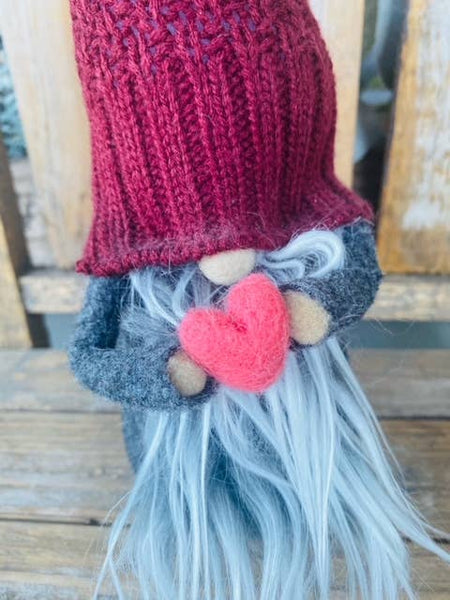 A Gnome on the Roam - Valentine's Day Gnome, Soft maroon sweater with felt heart