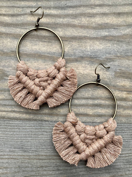 HK Macrame Jewelry - Large Square Knot Earrings - Mocha & Bronze