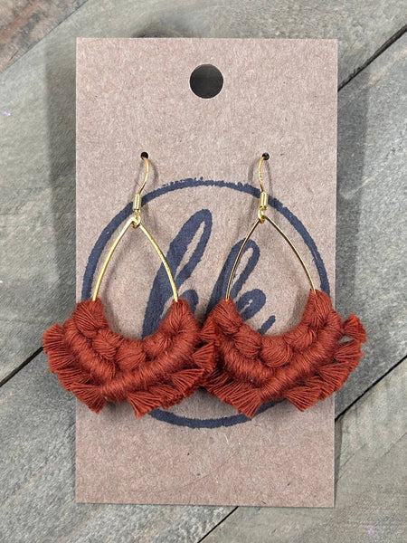 HK Macrame Jewelry - Small Teardrop Fringe Earrings - Cider Orange & Gold