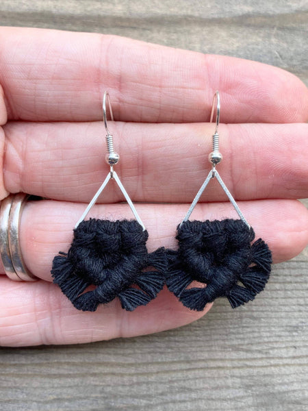 HK Macrame Jewelry - Micro Triangle Fringe Earrings - Black & Silver