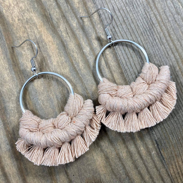 HK Macrame Jewelry - Small Round Fringe Earrings - Nude & Silver