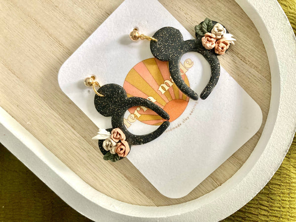Terra Made - Glittery black floral Mickey ears dangle earrings