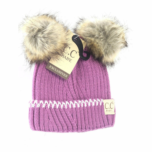 C.C Beanie - Baby Solid Knit Double Fur Pom Beanie - Newborn