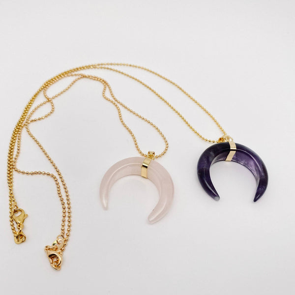 Mio Queena - Natural Stone Crystal Moon Meniscus Pendant Necklace - CS/MS