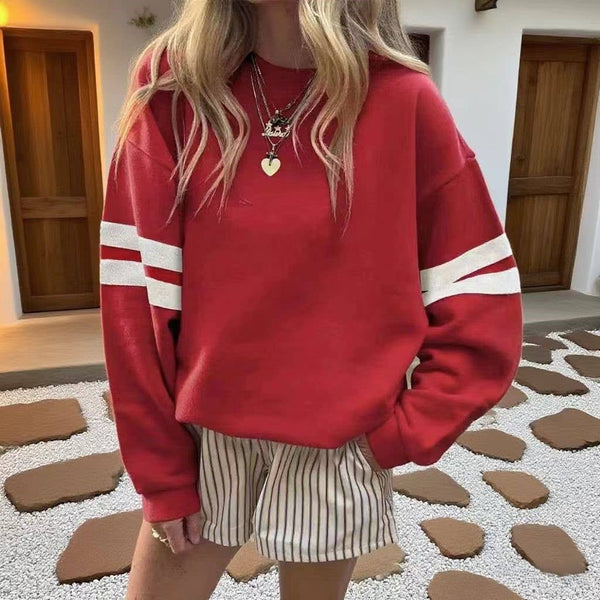 Rosa Clothing - Varsity Stripe Color Block Drop Shoulder Sweatshirt