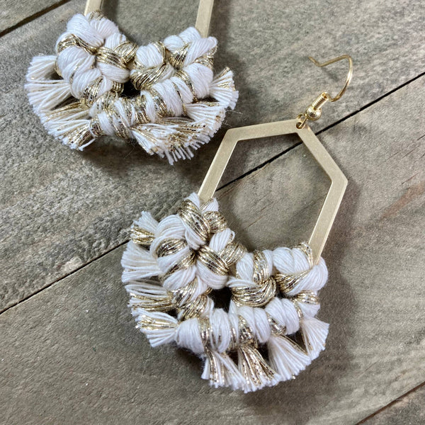 HK Macrame Jewelry - Geometric Fringe Earrings - Natural & Gold