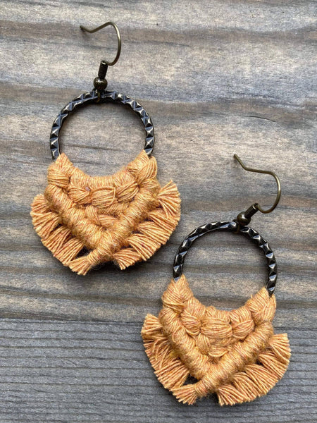 HK Macrame Jewelry - Small Square Fringe Earrings - Marigold & Bronze