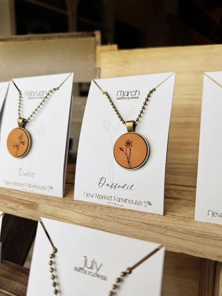 New Market Farmhouse - Birth Month Flower Necklaces - Leather Pendant Necklace Set
