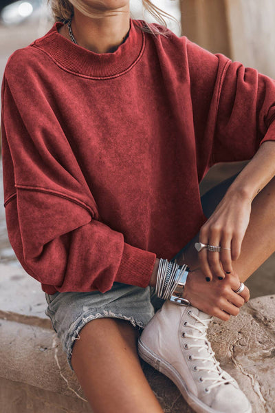 Lovesoft - Solid RED Drop Shoulder Crew Neck Pullover Sweatshirt