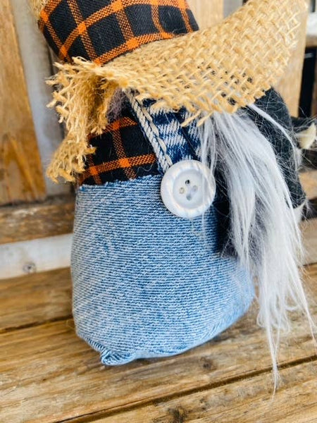 A Gnome on the Roam - Fall Farmer Gnome, blue jean overalls and burlap hat