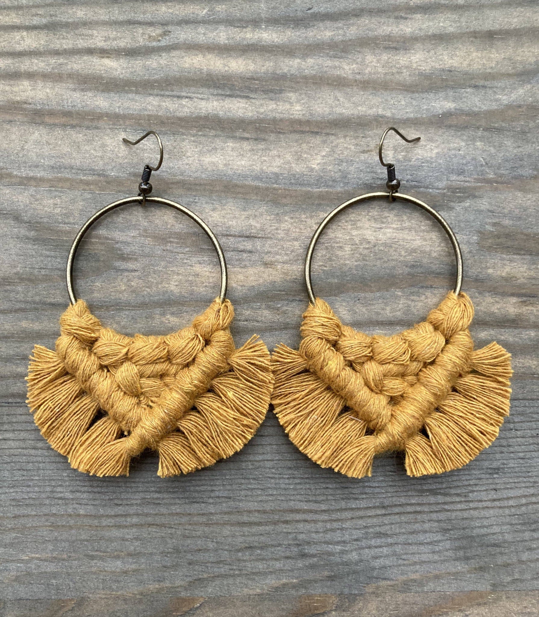 HK Macrame Jewelry - Large Fringe Earrings - Mustard & Bronze