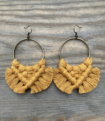HK Macrame Jewelry - Large Fringe Earrings - Mustard & Bronze