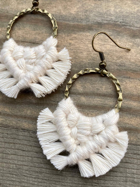 HK Macrame Jewelry - Small Square Knot Fringe Earrings - Natural & Bronze