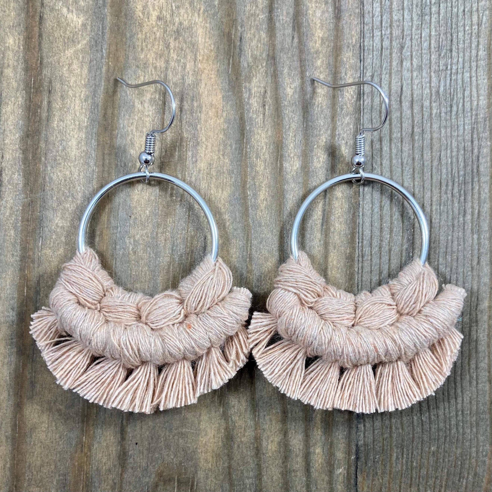 HK Macrame Jewelry - Small Round Fringe Earrings - Nude & Silver