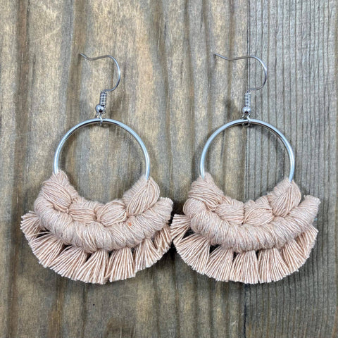 HK Macrame Jewelry - Small Round Fringe Earrings - Nude & Silver