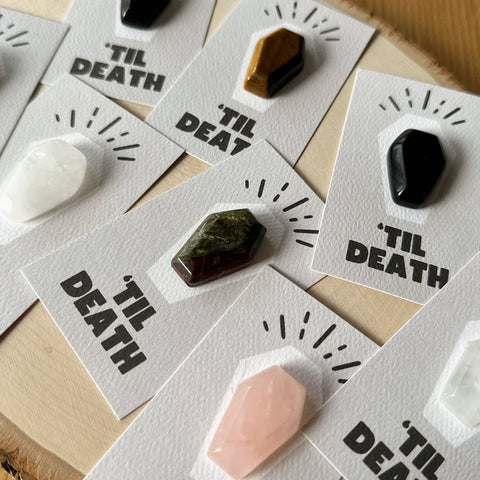Pebble House - "Til Death" Coffin Mini Crystal Greeting Card- Crystals & Stones