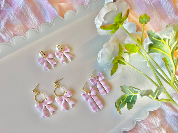 SeizeTheClayJewelry - Pink Gingham Earrings, Spring Gingham Earrings